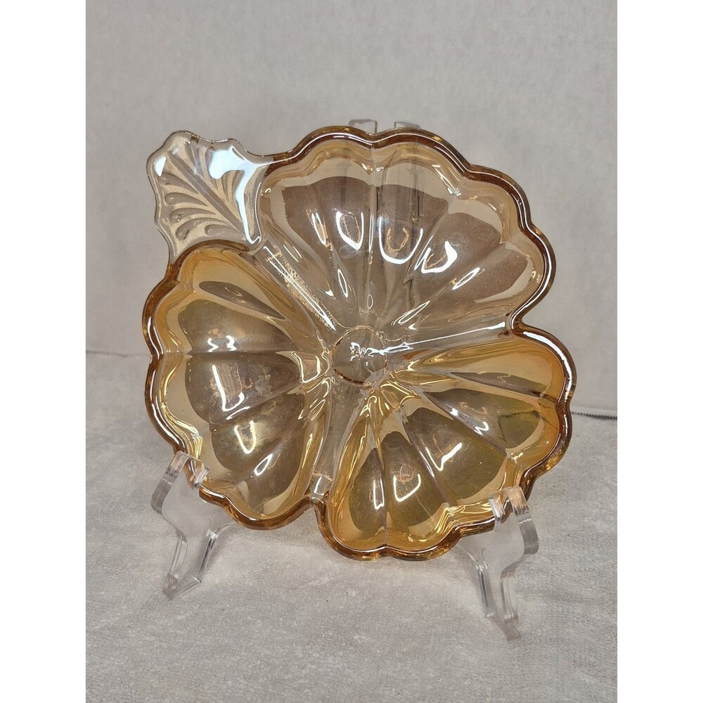 Vintage Jeanette Marigold Carnival Glass 3 Leaf Clover Shaped Candy Dish